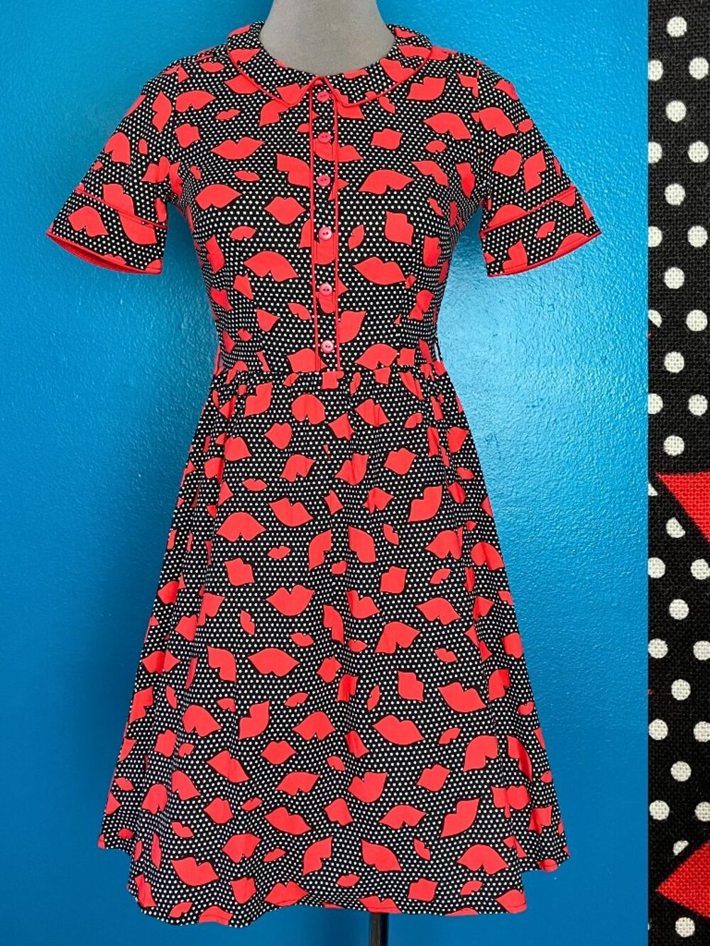 Retrolicious Retro Lips Fit & Flare Dress in Red & Black Polka Dot w/ Collar - Picture 3 of 15